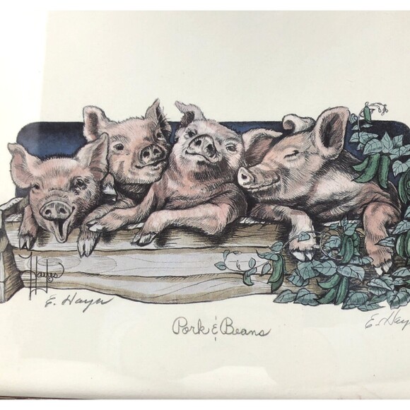 Eileen Hayes Pigs Art Print Titled Pork and Beans Vintage Pencil Signed & FRAMED - Picture 2 of 12